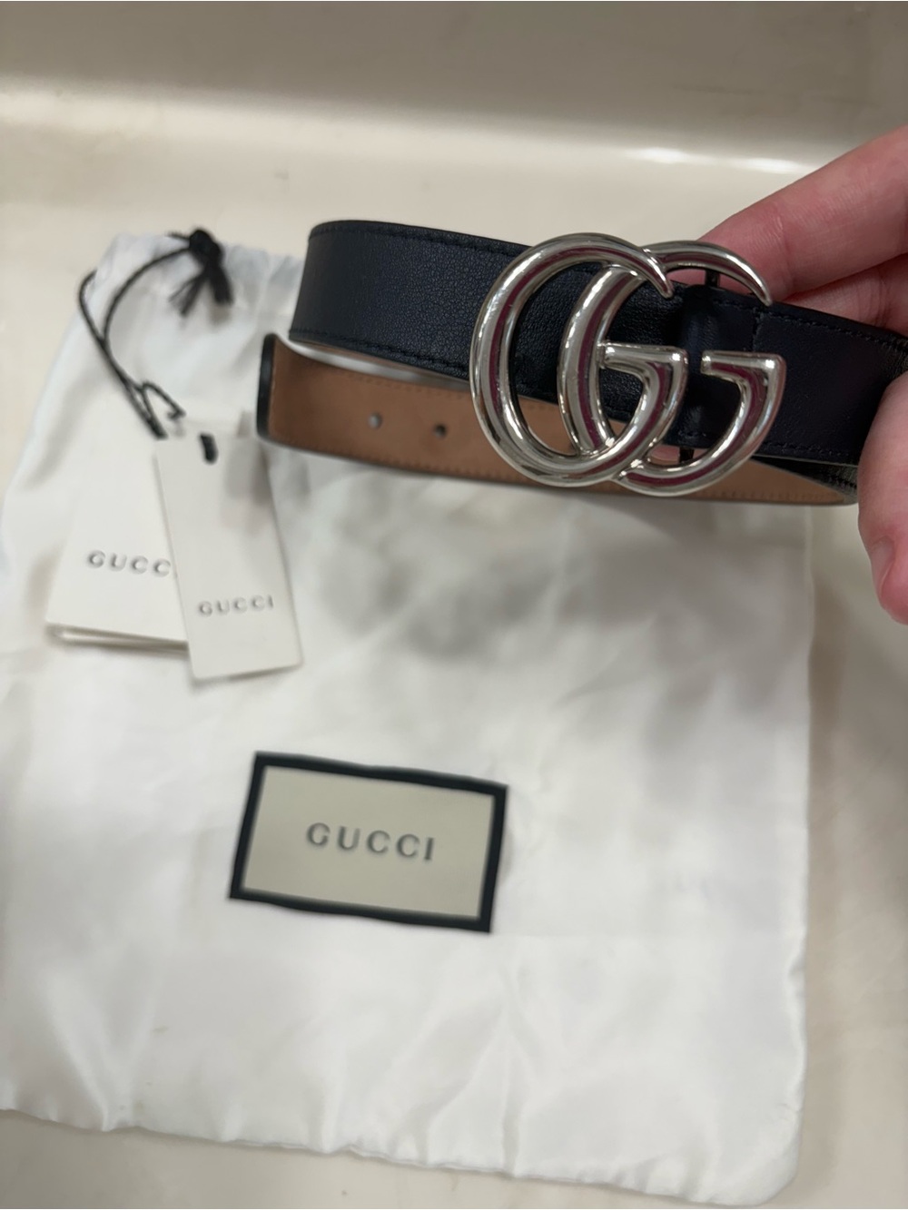 Gucci kids Large Navy /Black Leather Belt with Silver classic Double G Buckle